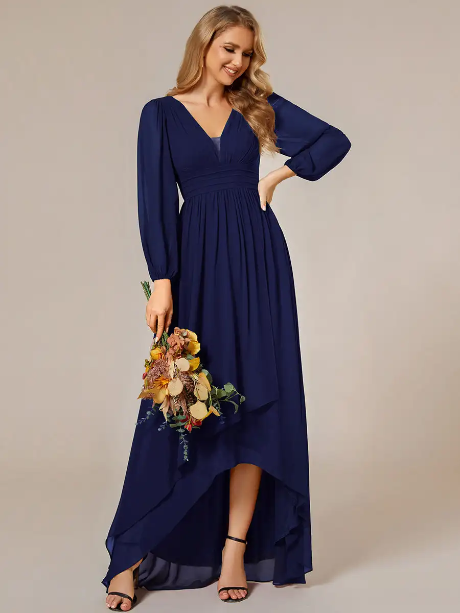 

Elegant Evening Dresses Maxi Long Deep V-neck With Long Sleeves 2025 Ever pretty of Chiffon Navy Blue Bridesmaid dress