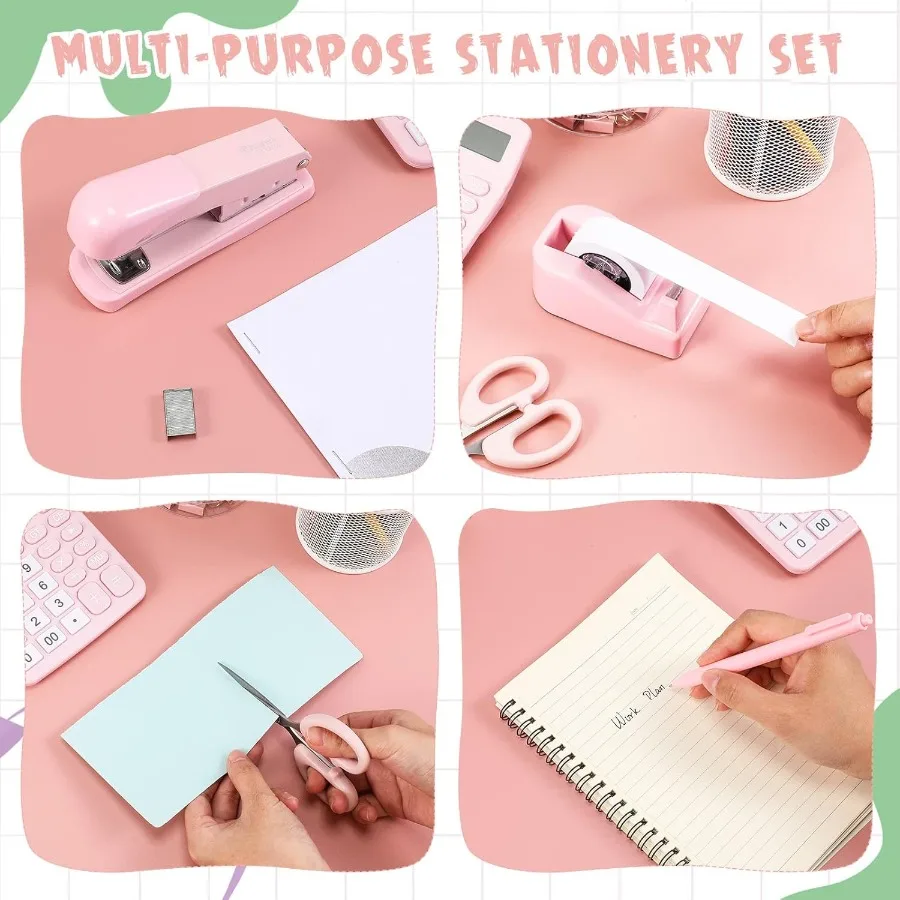 6 conjunto de acessórios de mesa kit material de escritório ilude bonito grampeador fita dispensador caneta esferográfica clipes de papel cauda longa cal