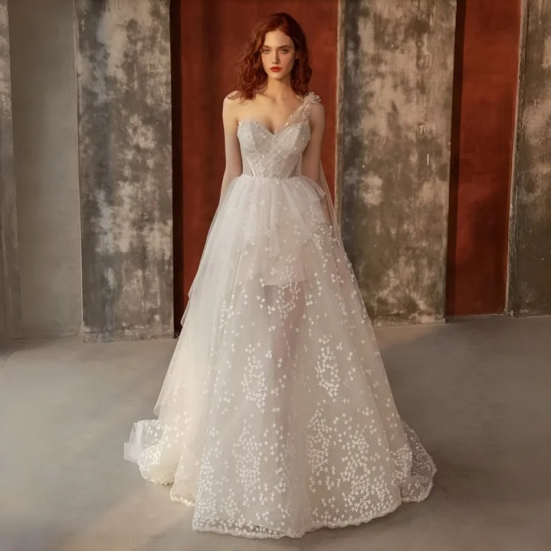 Romantic Star 3D Appliqués Tulle Wedding Dress Detachable One-Shoulder A-Line Tulle Train Bridal Gown Evening Gowns Customizable