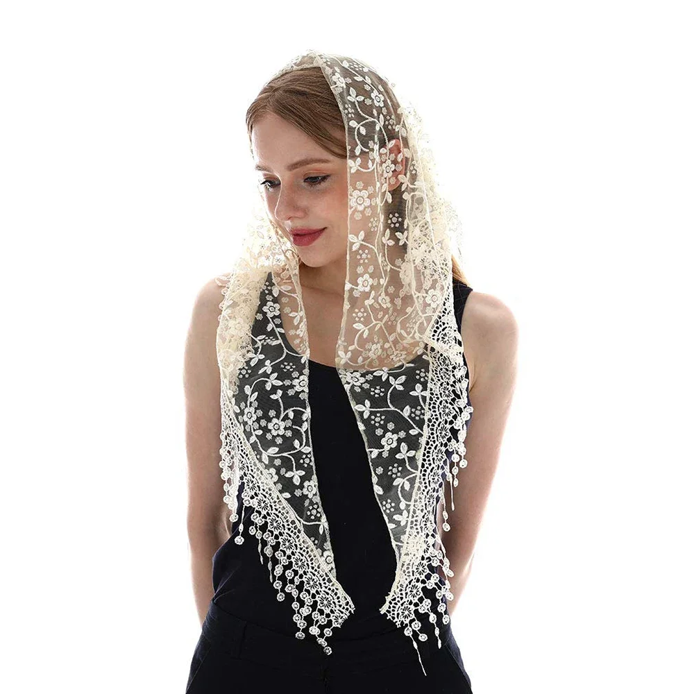 Fashion Triangular Scarf Prayer Veil Lace Shawl For Muslim Woman Headscarf Hollow Floral Summer Wedding Cape 150*40cm