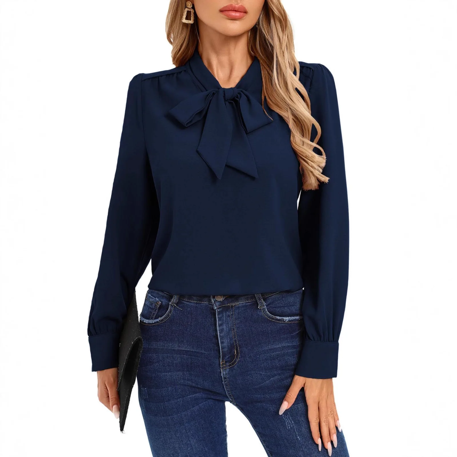 2PCS Bow Blouse Long Sleeve Elegant Lady Lantern Sleeve Sweet BowKnot Casual Autumn Female Solid Commute Office Work Shirts