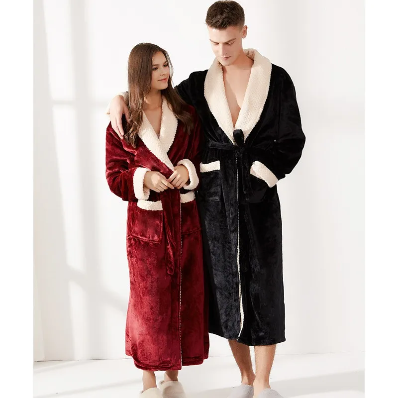 Men Plus Size Extra Long Warm Flannel Bathrobe Winter New Sleepwear Male Coral Velvet Bath Robe Women Coral Dressing Gown