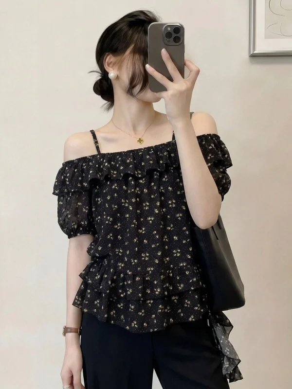 

Floral Lace Trim One Shoulder Chiffon Shirt Women's Summer New Style plus Size Beautiful Top Korean Style Commute Fashion