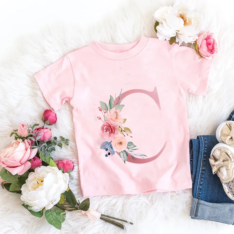 Retro Flowers T-shirt Cotton Pink Lucky Letter  26 English letters A B C D  Kids Girl Boy Children Trend T Casual Clothes Short