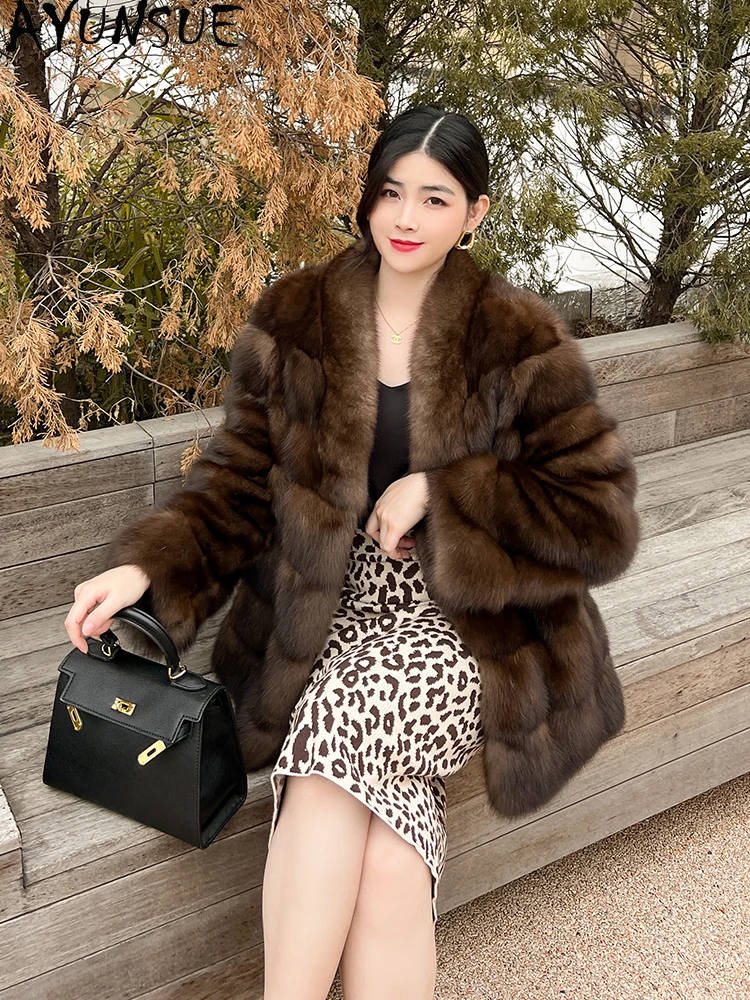 AYUNSUE 2025 vestes de fourrure de vison naturel femme col en v veste d'hiver de fourrure de vison de luxe pour femme vêtements de haute qualité tyleфта Ramonхом