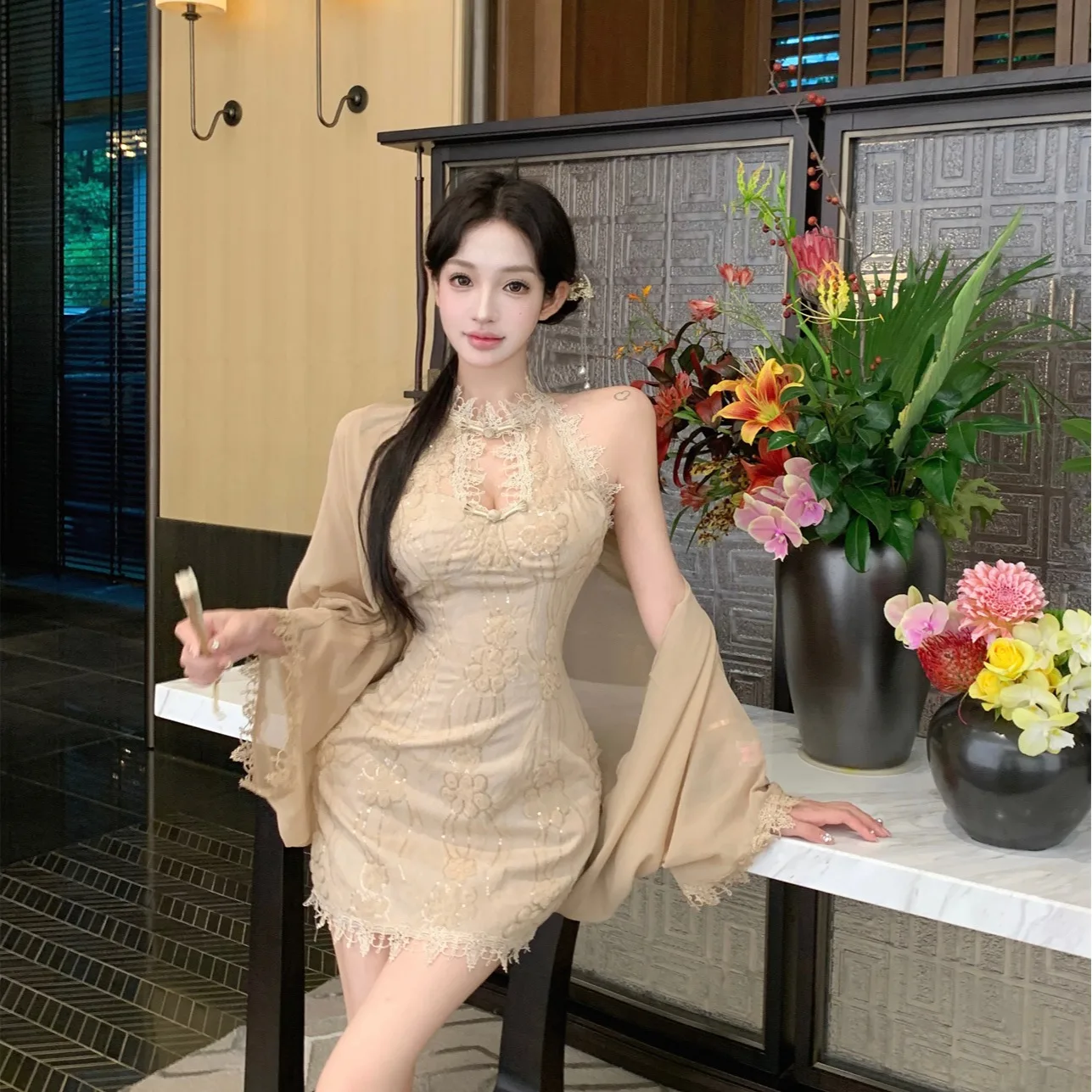 New Chinese Style Neck Hanging Dress Women's Lace Wrap around Skirt Sexy Sleeveless Dress Cardigan Autumn Set Fashionable