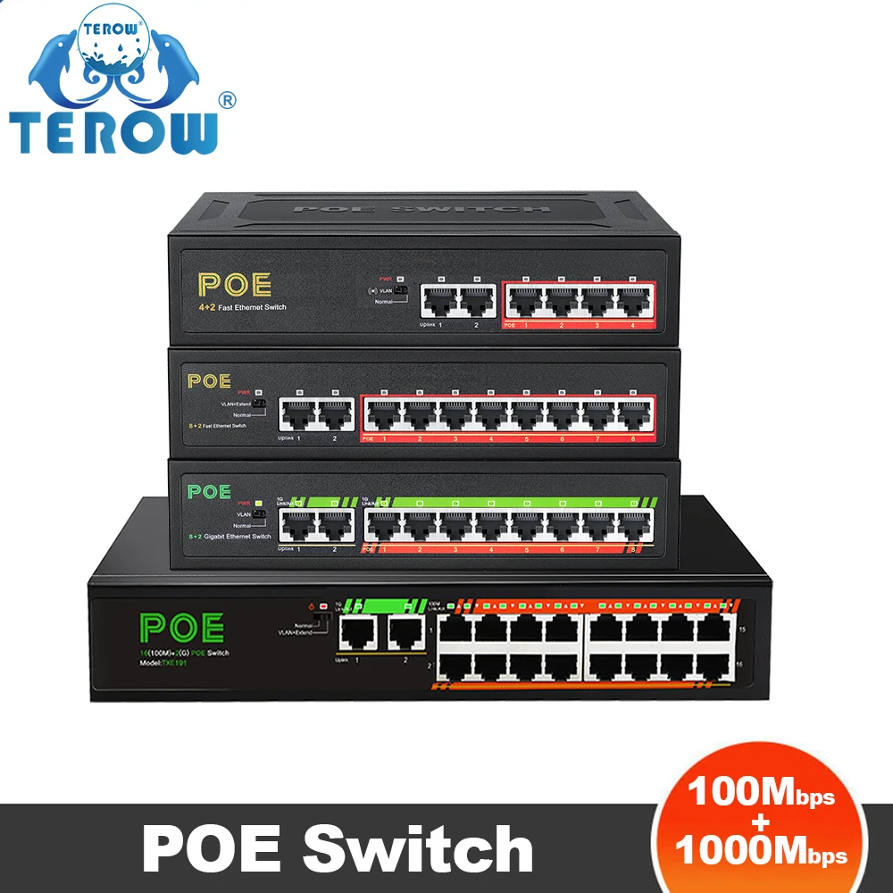 

TEROW 6/10/18 портов POE коммутатор 100/1000 Мбит/с гигабитная сеть Ethernet смарт-коммутатор 52 В для Wi-Fi маршрутизатора/IP-камеры/беспроводной точки доступа