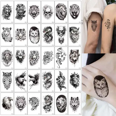 30pcs Small Size Animal Tattoo Stickers for Men Women Wolf Tiger Eagle Dragon Skeleton Snake Cat Fake Tattoos For Hand Arm Body