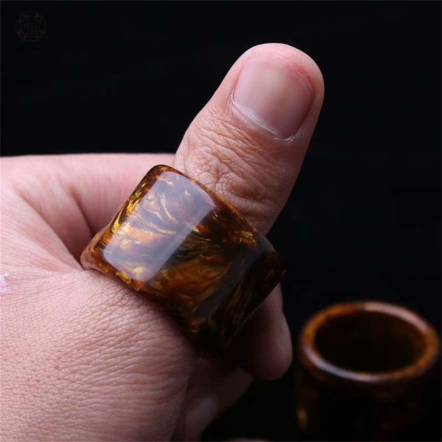 Natural Golden Silk Black Coral Thumb Ring Men Chunky Statement Band Unique Marine Gemstone Jewelry Gift