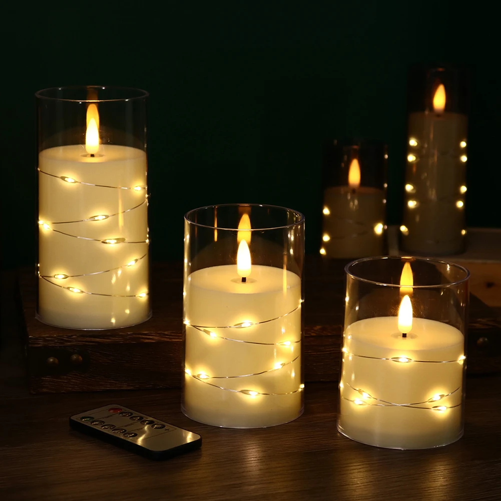 3Pcs Flickering Flameless LED Electronic Candle Battery Operated with Embedded Star String For Birthday Wedding Party Decoration