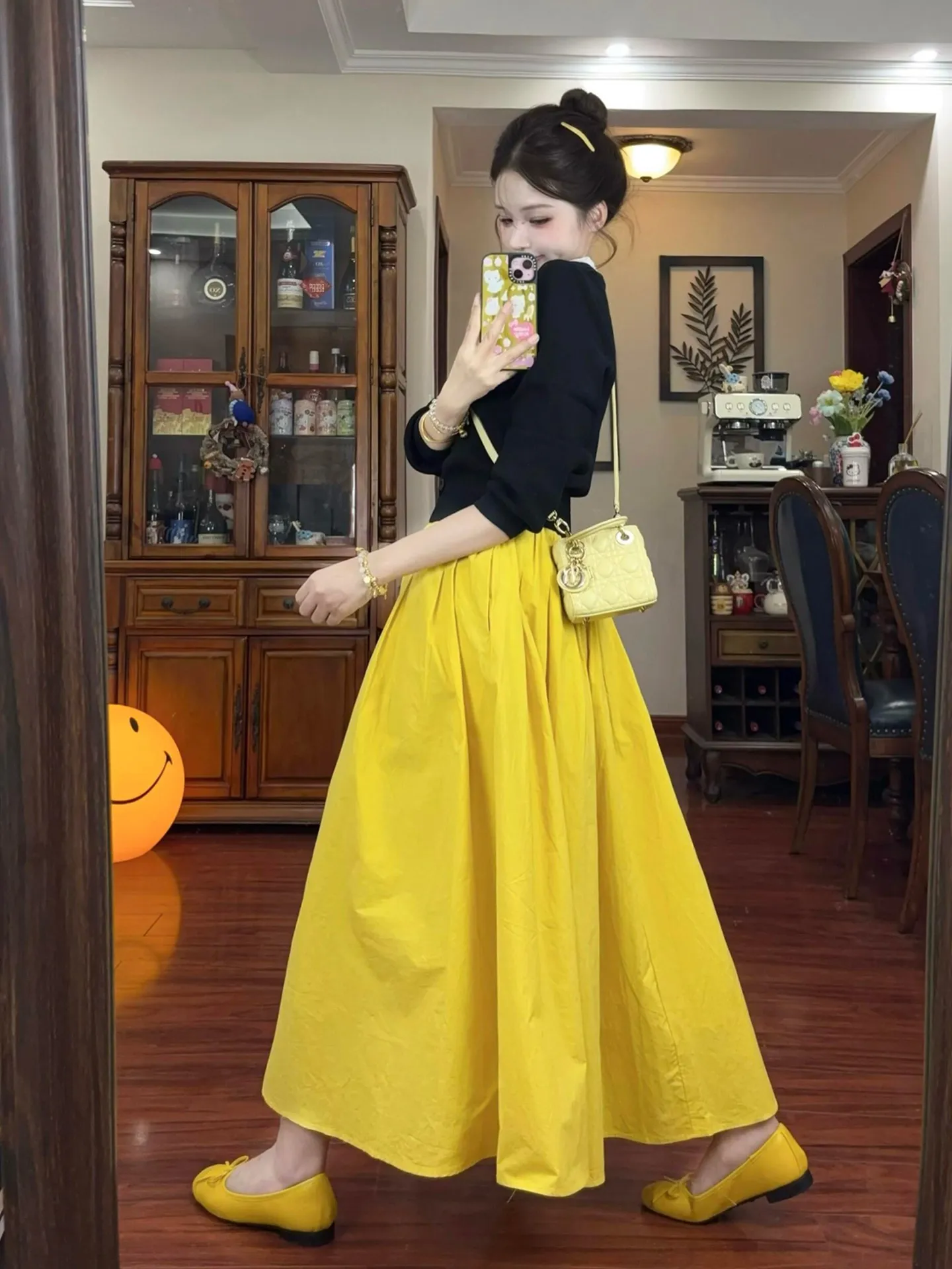 

Желтый вязаный комплект: юбка и кардиган с открытыми рукавами, с высокой талией, длинными рукавами, модный корейский стиль, женский наряд