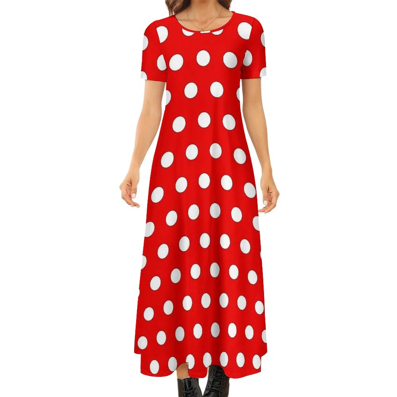 Abito a pois bianco e rosso Abito maxi elegante da donna Manica corta Moda coreana Boho Beach Abiti lunghi di grandi dimensioni