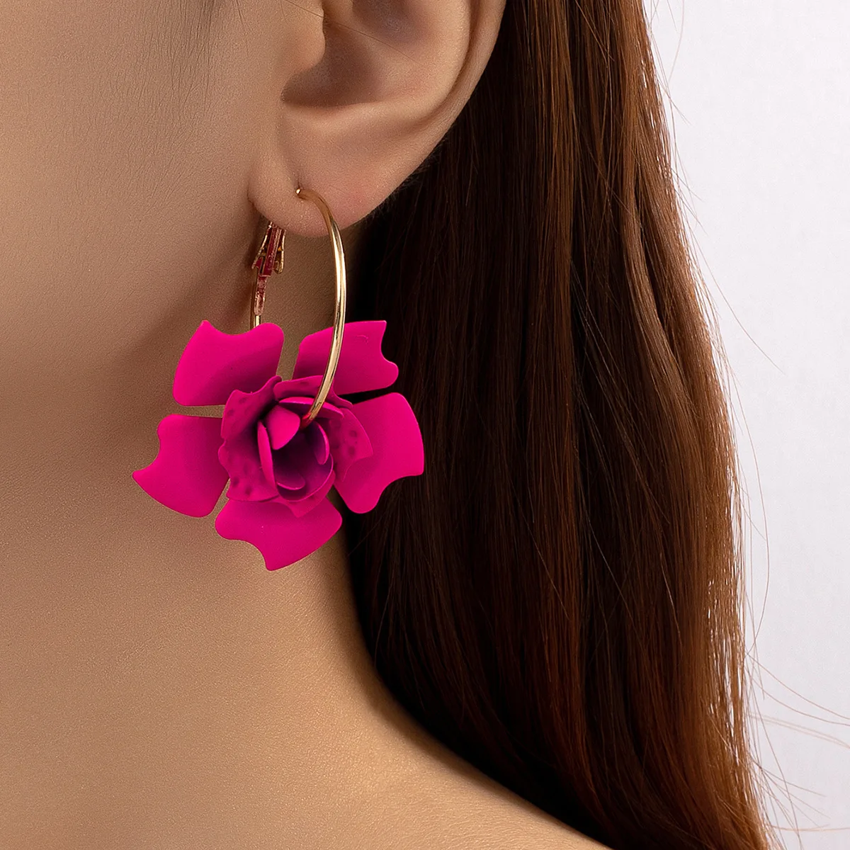 Fashion Big Flower Drop Earrings for Women Wedding New Trendy Long Fushsia Double Layer Enamel Floral Crystal Stud Earring