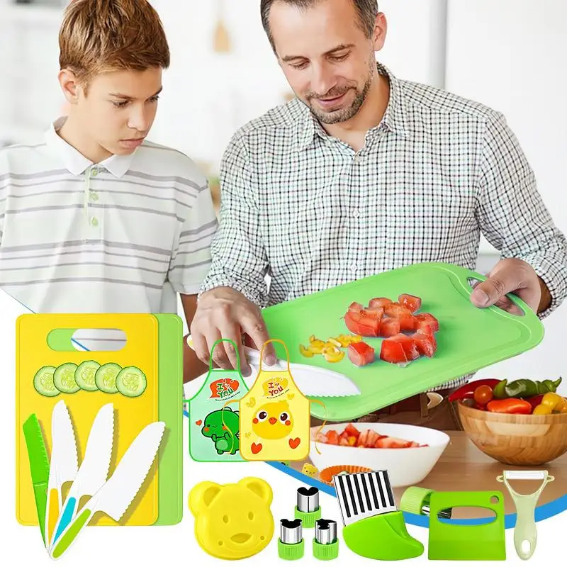 15pcs Kitchen Cooking Set with Cutting Board Cutter Montessori toy Real Cooking Experience Tools for Kids Proof 3-12 Years Old