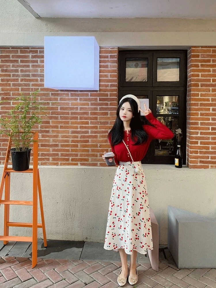 Women's A-Line Midi Skirt Cherry Print Floral Spring Summer New Petite High Waist Hip Concealing Simple Elegant