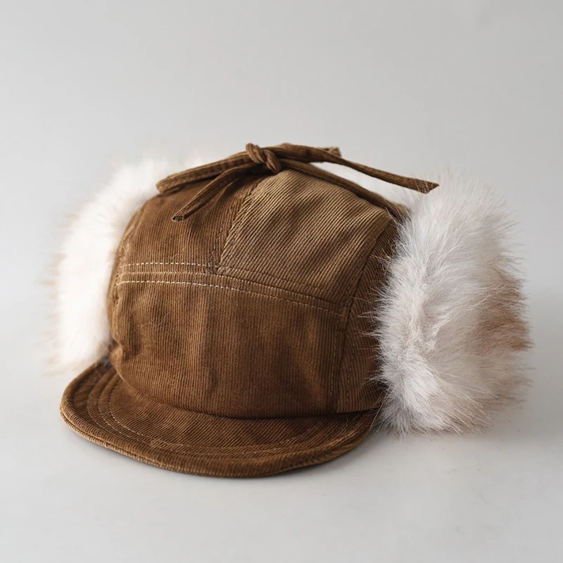 Corduroy Bomber Hat 5 Panel Unisex Winter Warm Fluffy Faux Fur Ear Flap Cap 2-Way Short Brim Trapper Hat Шапка Ушанка Зима