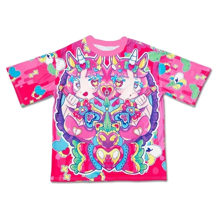 Dopamine Rainbow Colorblock Heart Unicorn Adult and Children T-Shirt Cartoon 3D All-Over Print Harajuku Y2K Short Sleeve