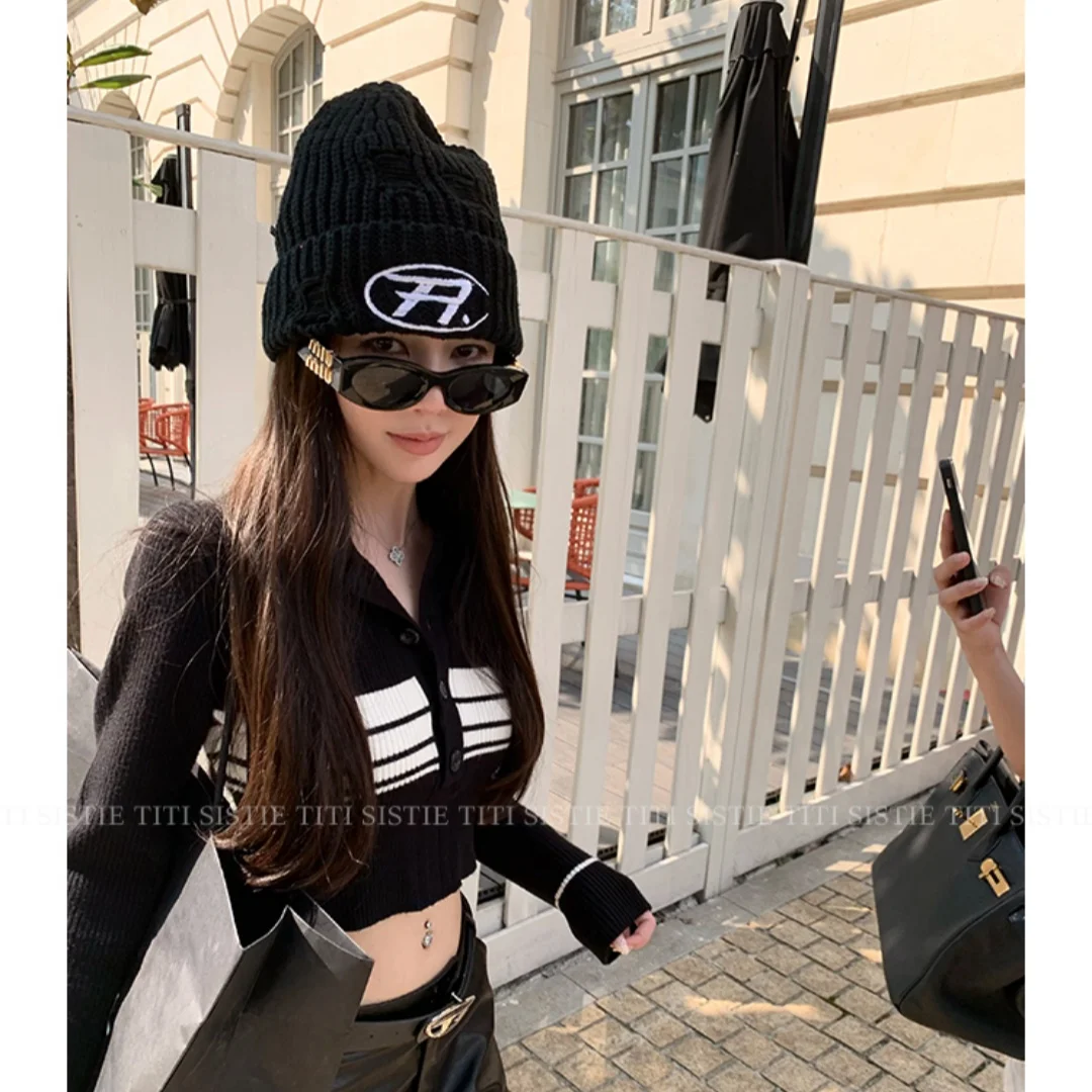 Chic Fashion Knitted Shirt Women's Autumn College Style Striped Long Sleeve Slim T-shirt Cropped Tops Streetwear Y2k