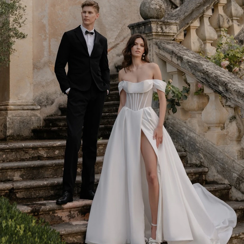 

Bowith French Wedding Dresses Off the Shoulder Side High Slit Elegant Bridal Dresses Customized Floor-Length vestidos de novia