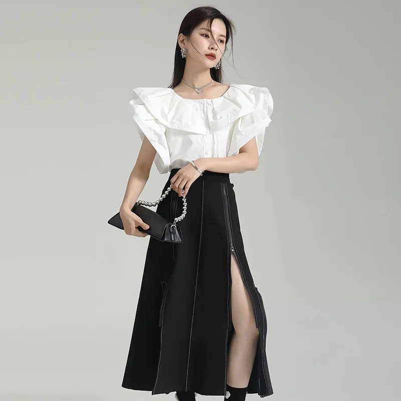 

Black Skirts Zipper Sexy Skirt Women Summer A-line Slits High Waist Slim Hip-covering Solid Mid-length Long Streetwear Clothes