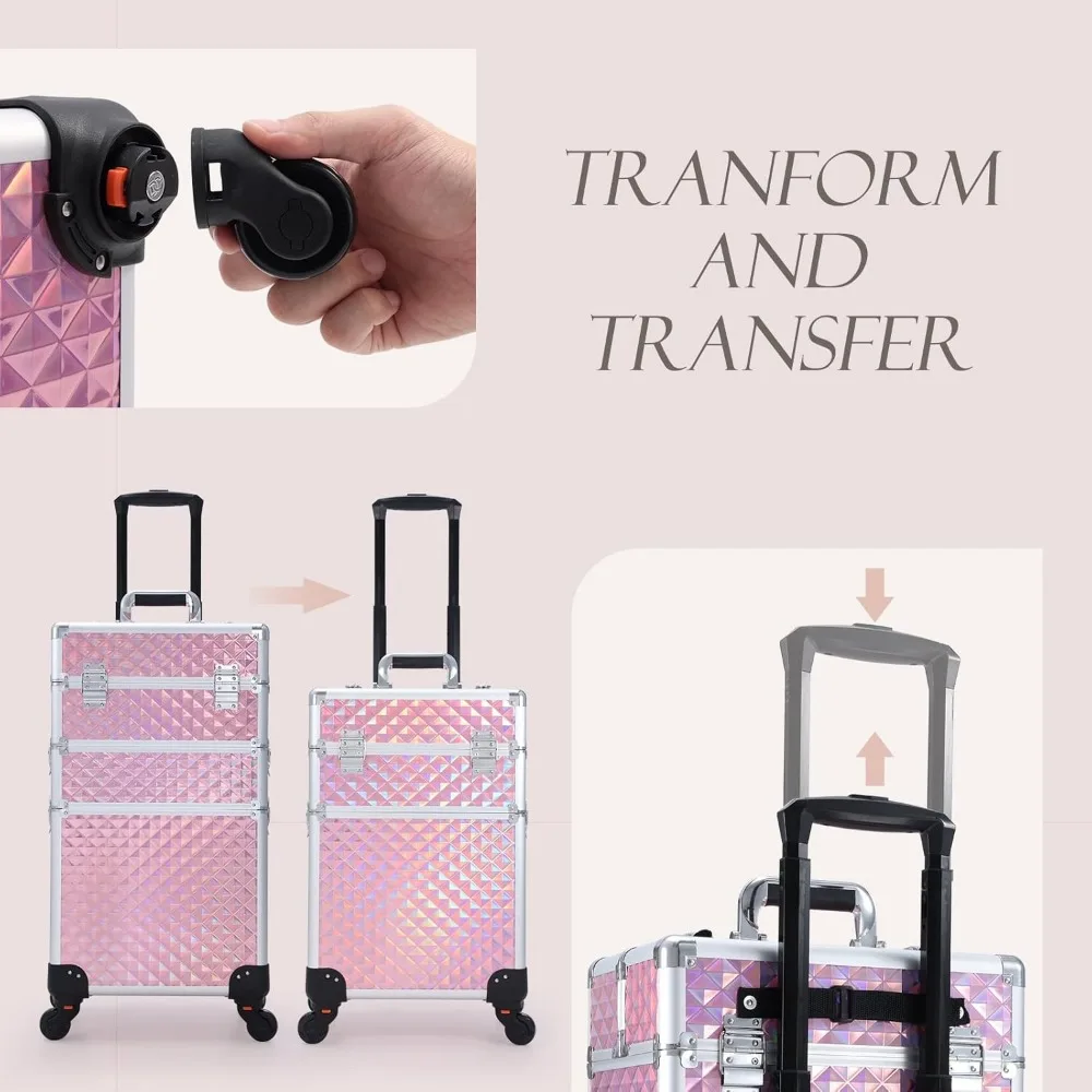 3-in-1 rollender Make-up-Koffer mit 360° °   Räder, Schloss und Rautenmuster – Rosa für Profis