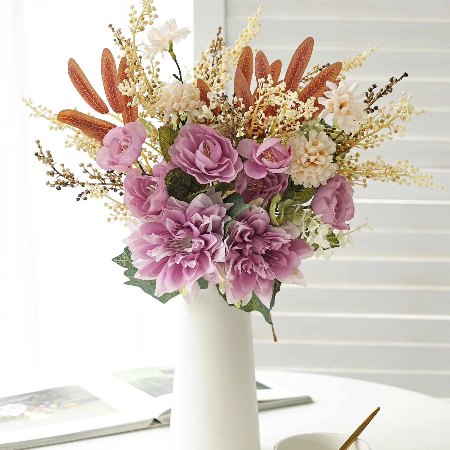 Künstliche Blumen, Seiden-Dahlie, Kamelie, Kugel-Chrysanthemen, für Zuhause, Zimmer, Tisch, Hochzeitskranz, künstliche Pflanzen, Vasen-Dekoration, Garten, DIY-Geschenke – Detail 5