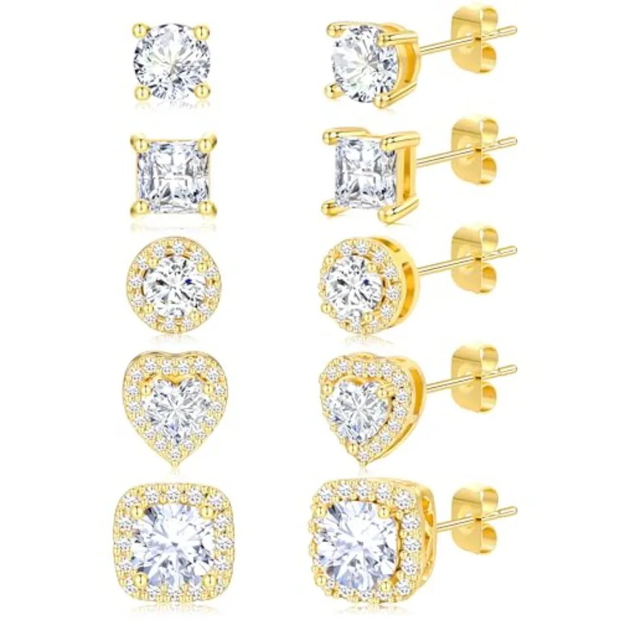 

5 Pairs Silver Stud Earrings for Women Men, Plated Hypoallergenic Earrings, Big Cubic Zirconia Stud Earrings Set 7-9mm