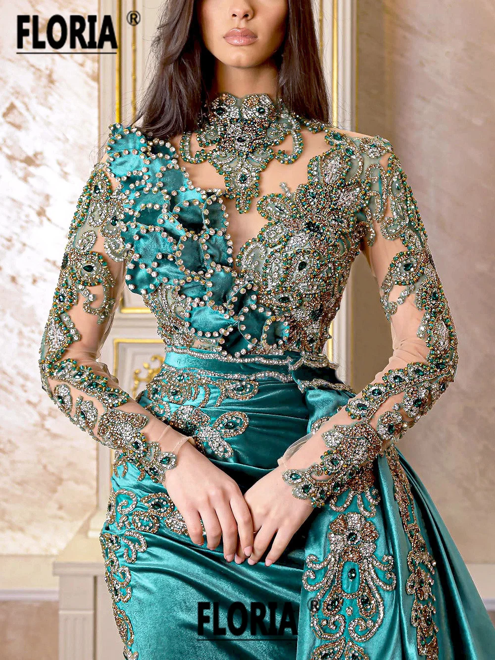 Luxury Crystal Beads Velvet Mermaid Evening Dresses Green Couture Long Sleeves Dubai Emoboidery Party Wedding Gown Vestidos Gala