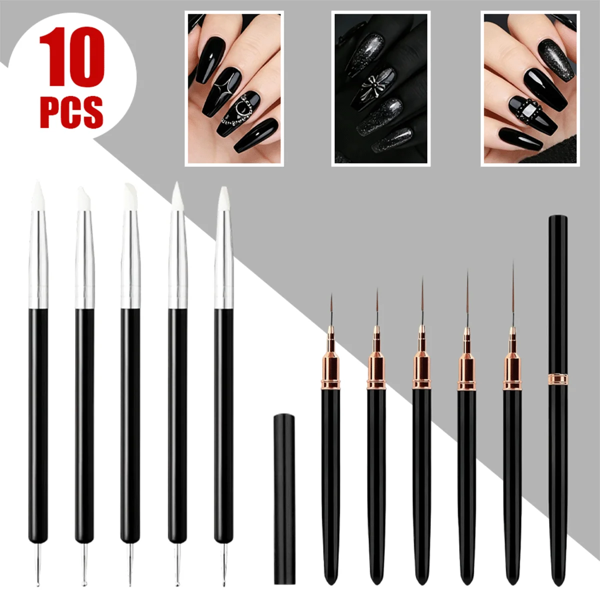 10pcs Nail Art Tool Set, 3D Carving Pen Dotting Brush, Fine Line Painting Brush for Gel Polish Design, Manicure DIY Accessories