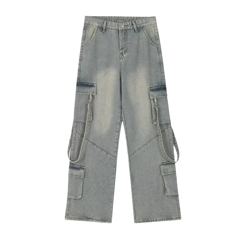 Novo estilo americano calças de rua alta multi-bolso cinta jeans feminino outono vintage solto carga calças de perna larga