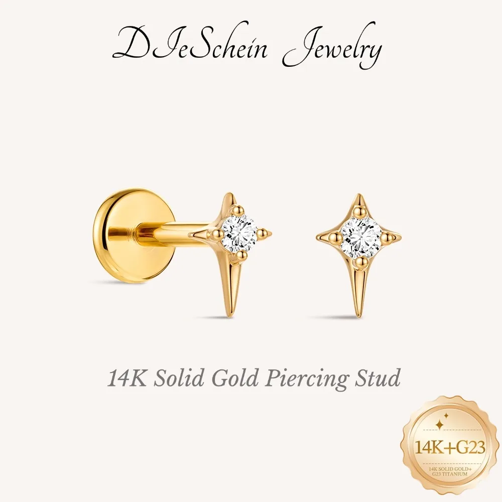 DIeSchein 14K Solid Gold Flat Back Single Stud Earring 5/6/8mm Post Length Tiny Piercing Hypoallergenic Minimalist Gold Earring