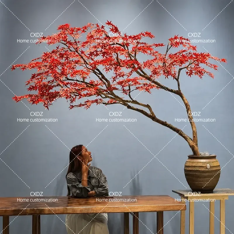 Simulation green plant bonsai red maple fake tree interior decoration tree living room office desktop Chinese zen advanced