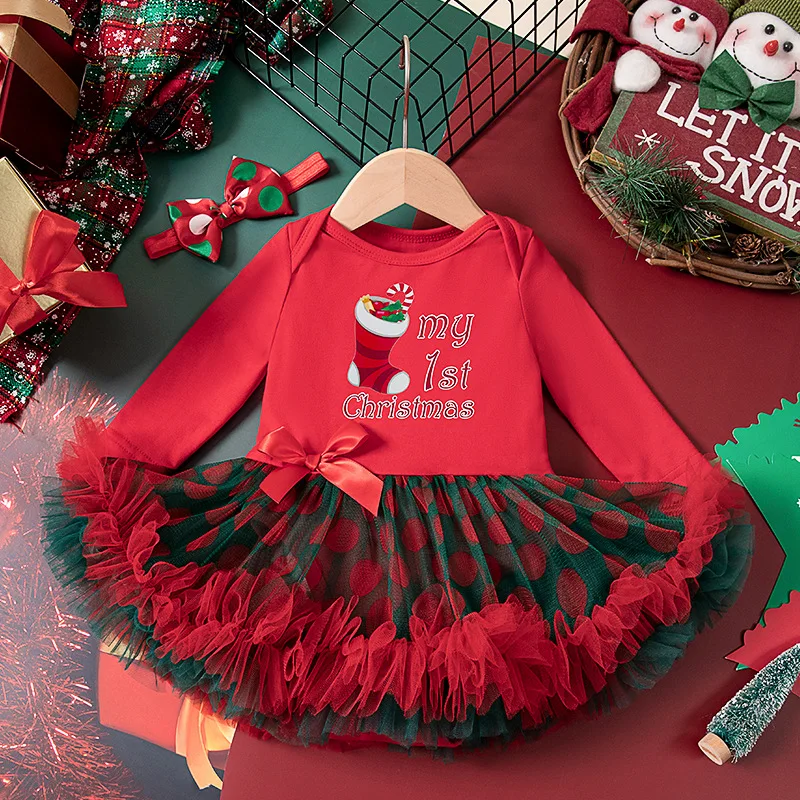 Christmas New Dress Baby Long-Sleeved Halter Frock Children Mesh Cartoon Skirt Newborn Party Clothes New Girls Bow Tie Dresses