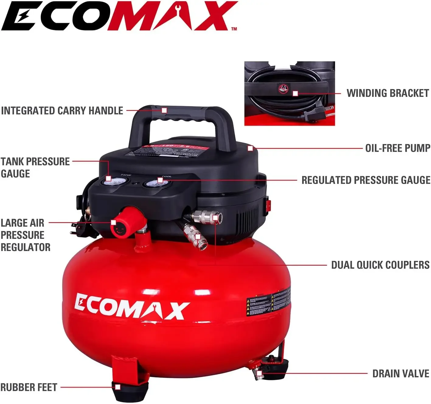 Air Compressor, Portable Air Compressor, 6 Gallon, Pancake Air Compressor, Max 150 PSI, 2.6 CFM @90 Psi, Oil Free Small Electric