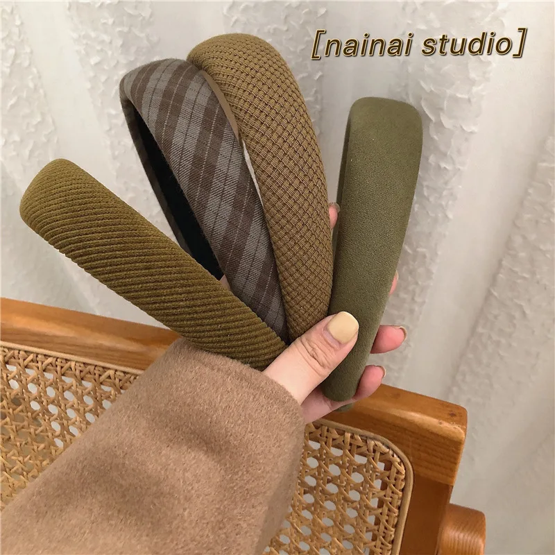 Dark Color Cotton Plaid Women Padded Hair Band Headwear Korea Thickened Classic Solid Color Dark Green Brown Headband Hair Hoops