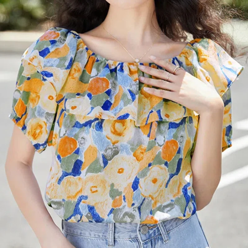 Simplicity Office Lady Summer Women\'s Slash Neck Printing Ruffles Puff Sleeve Korean Sweet Loose Short Sleeve Chiffon Shirt Tops