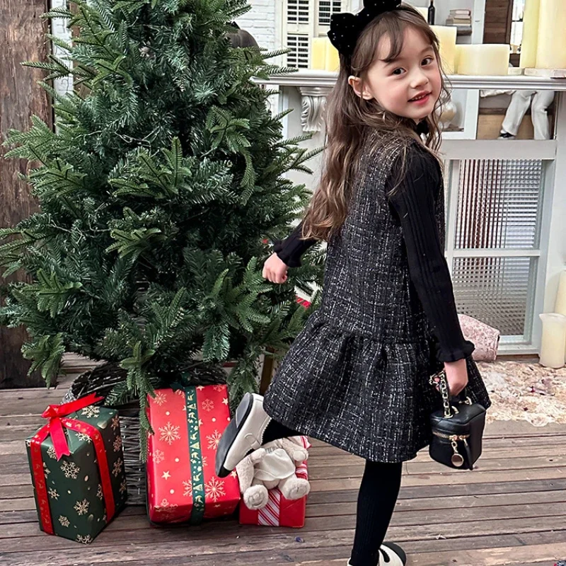 Elegant Small Fragrant Wind Tweed Girls Sleeveless Dress 2024 Autumn Winter New Children's Loose Ruffles Christmas Party Dresses