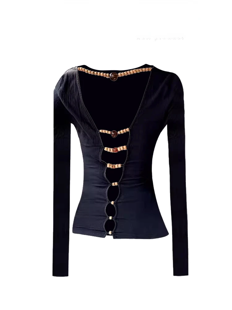 New Chinese Style Wood Beads Backless T-shirts 2025 Summer  Black Tops Women Y2k Grunge Slim Fit Long Sleeve Tee Shirt