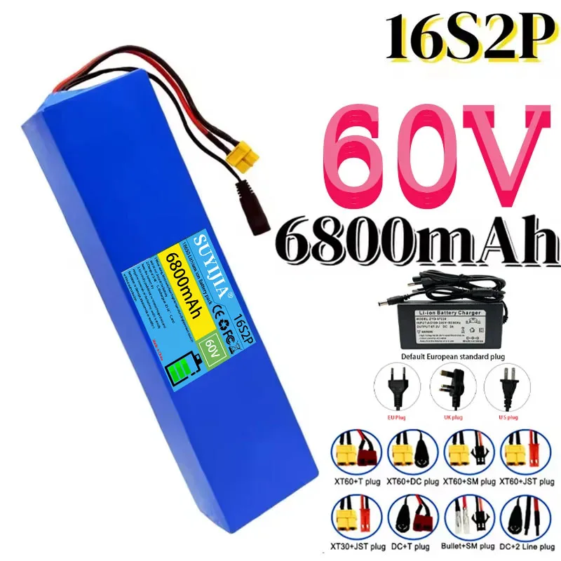 16S2P Lithium Battery Pack, 60V, 6.8Ah, 18650 Rechargeable Cells with BMS, Suitable for Electric Riding Batteries + Charger