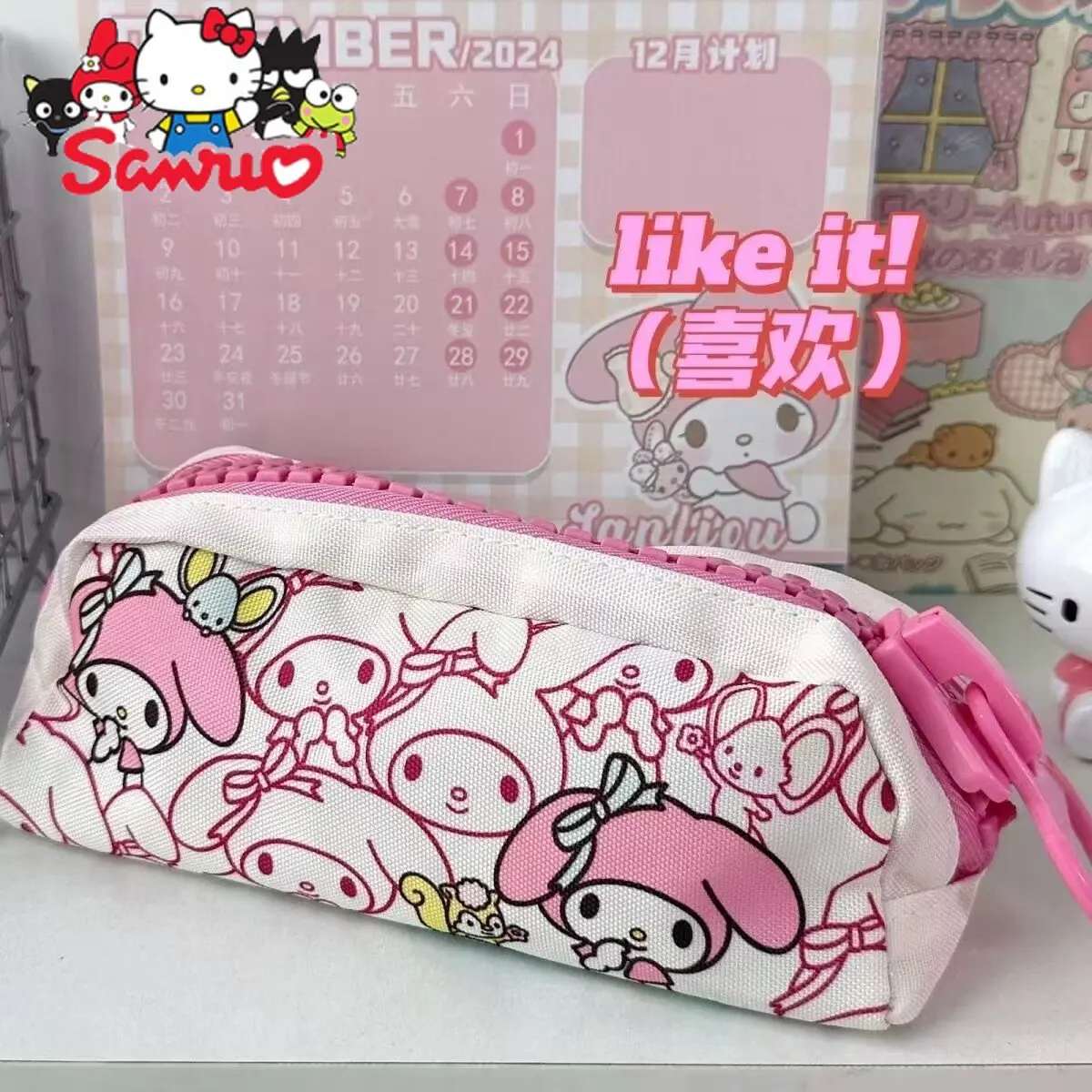 Sanrio Melody Kuromi Hello Kitty Cinnamoroll Pochacco Pen Bag Cartoon Big Zipper Male Students Pencil Stationery Box Storage Bag