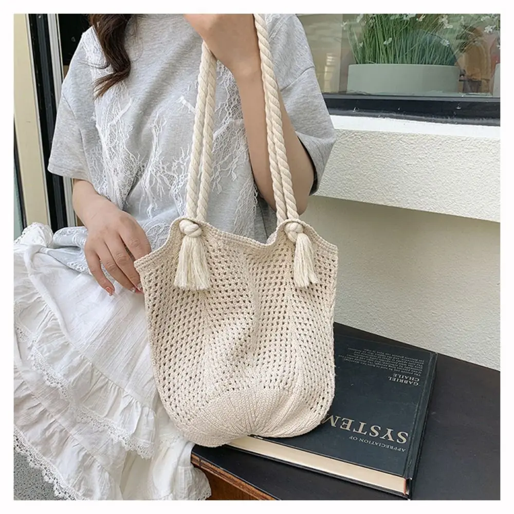 

Convenient Bohemian Knitted Shoulder Bag Sweet Hollowed Out Casual Woven Handbag Solid Color Soft Beach Bag Outdoor/Travel