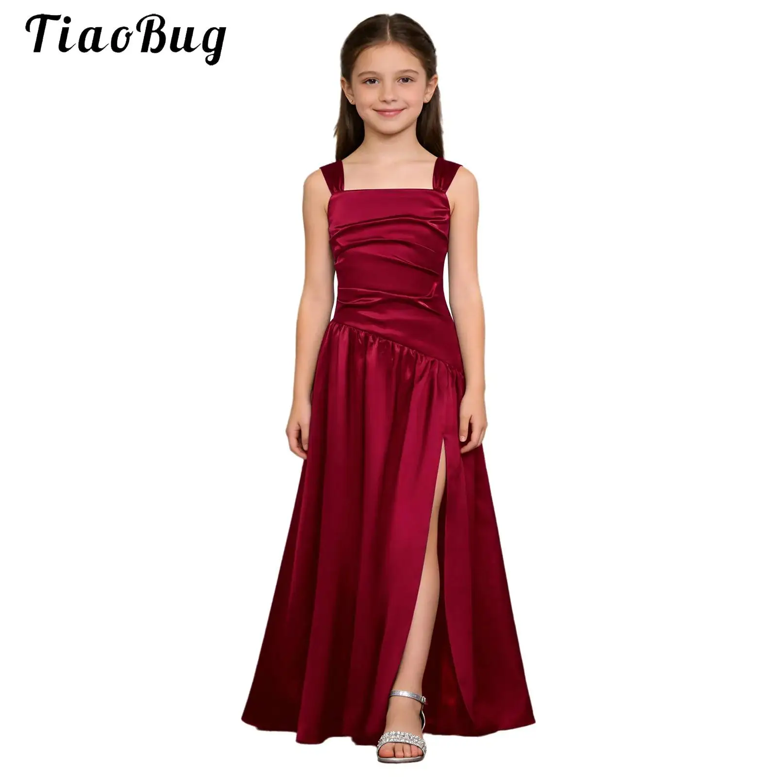Elegante Brautjungfernkleider für Mädchen, Hochzeitskleid für Kinder, ärmelloses, seitlich geschlitztes A-Linien-Satinkleid, Hochzeits- und Geburtstagskleider