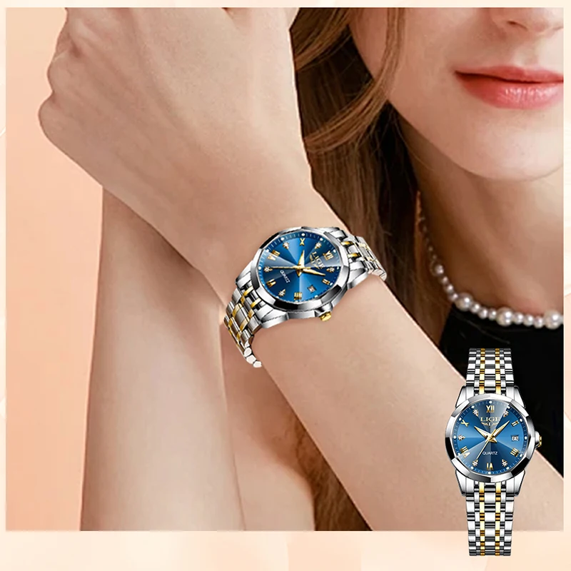 LIGE новые женские часы 2025, стильные элегантные водонепроницаемые светящиеся женские часы с ремешком из нержавеющей стали, часы-календарь для женщин reloj