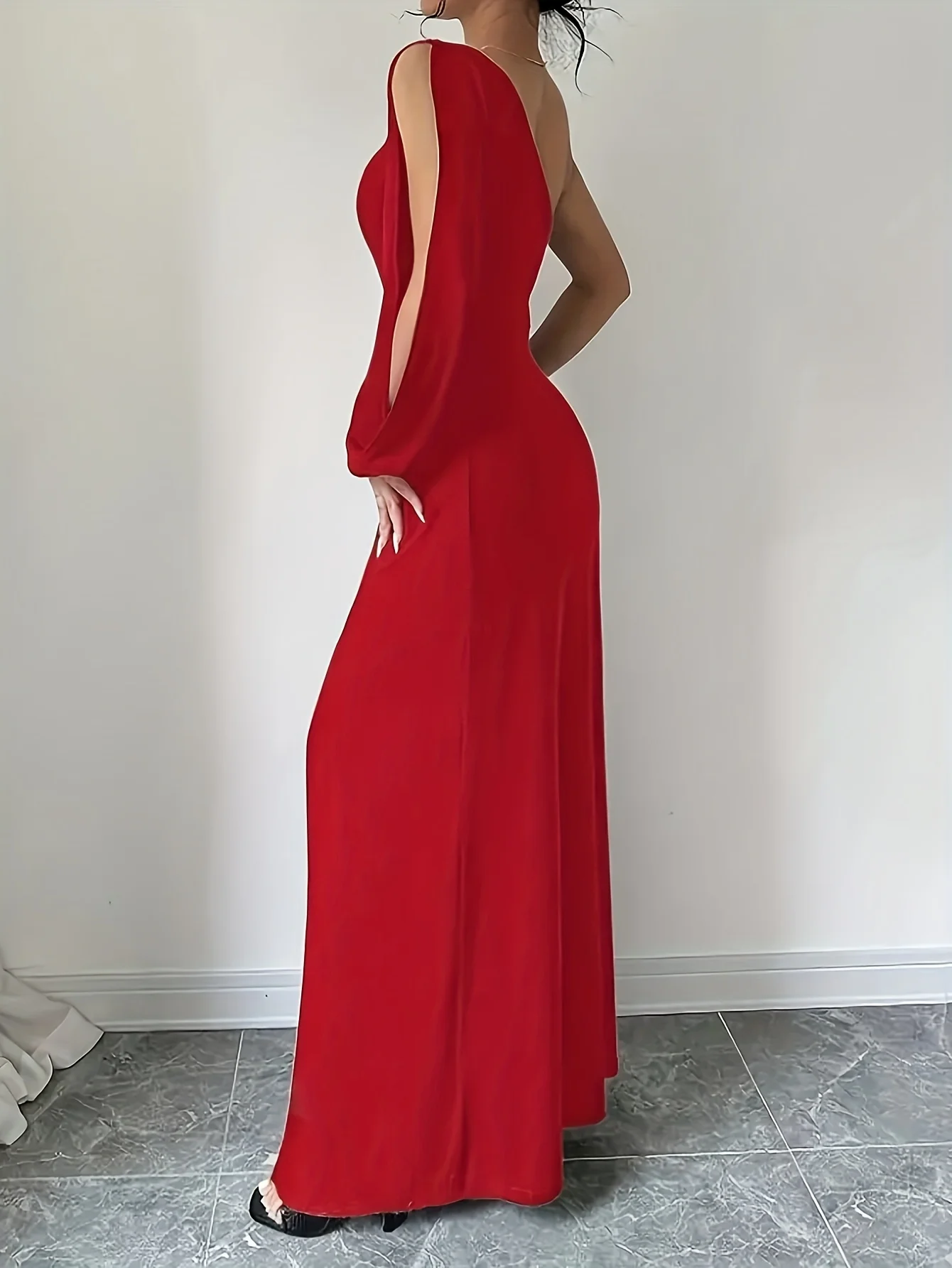 Summer Fashion, Elegant, Sexy Slit Hem, Solid Color, Tight Fitting, One Shoulder, Hollow Long-Sleeved Dress, Long Skirt