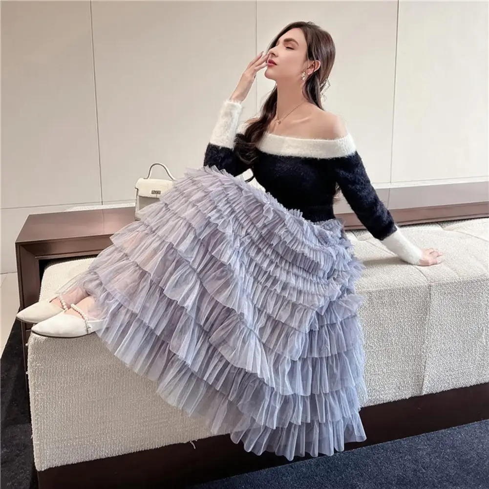

High Waist Skirt Summer Skirt Women Women’s High Waist Cake Skirt Multi-layer Ruffle Trim Maxi Elastic Waist A-line for Work