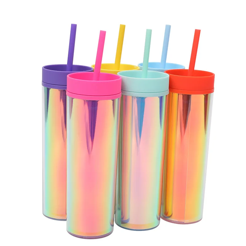 16OZ/480ML STRAW CUP Modern Simple Transparent Double Plastic Glitz Portable Sealed Leakproof Straight CUP Holiday Birthday Gift