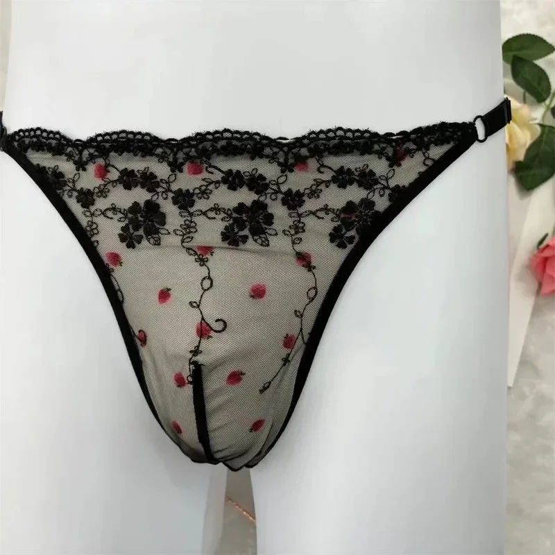 

Man's Lace Design Cute Strawberry Mesh Sexy Briefs Live Show Dance Costumes Panties FKK Party BF Gift (100kg can wear)