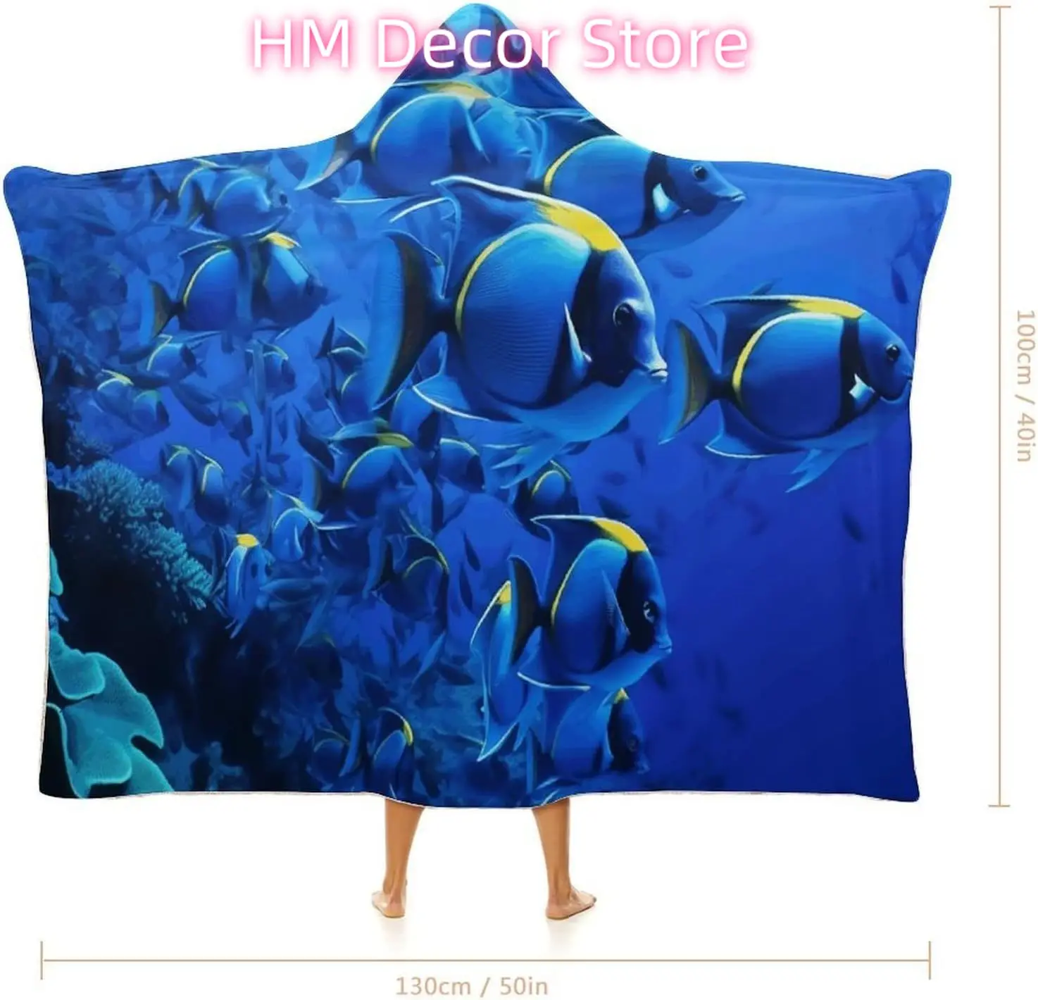 Blue Fishes Wearable Hooded Blanket, Ultra Soft Arctic Velvet Cape Cloak Unisex - Cozy Wearable Blanket