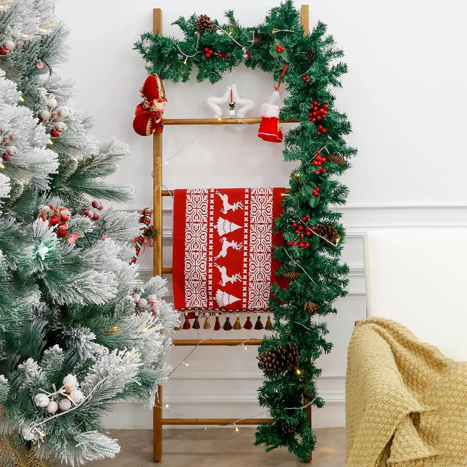 

59 in Acacia Wood Blanket Ladder, 6-Tier Wooden Blanket Holder for Living Room, Decorative Ladder Rack for Storage