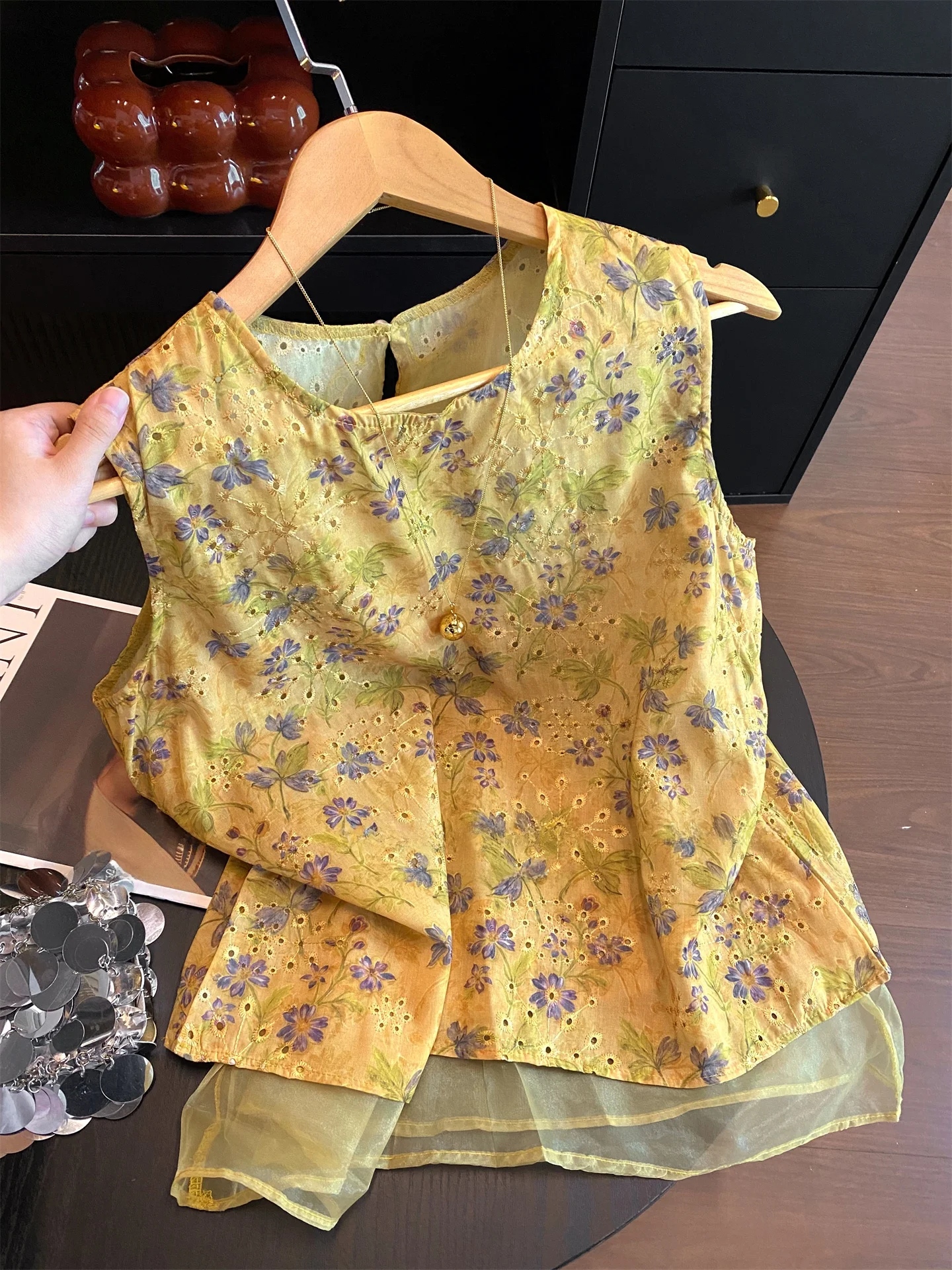 

Желтый кружевной ажурный жилет Dopne с цветочным принтом, женский летний новый милый антивозрастной льняной топ с цветочным узором, дизайн с высокой талией